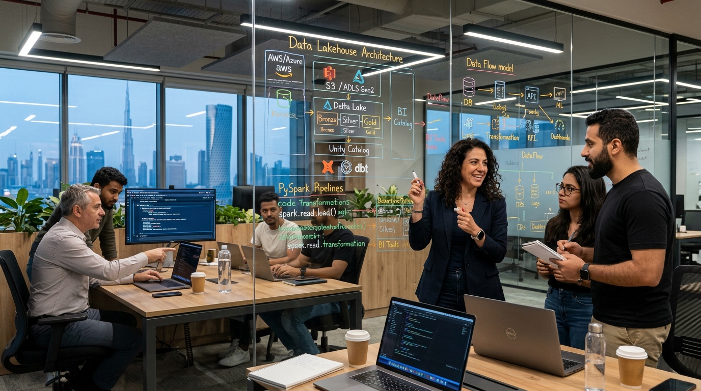 Senior engineers conducting a collaborative co-engineering sprint with client developers in modern Dubai tech lab