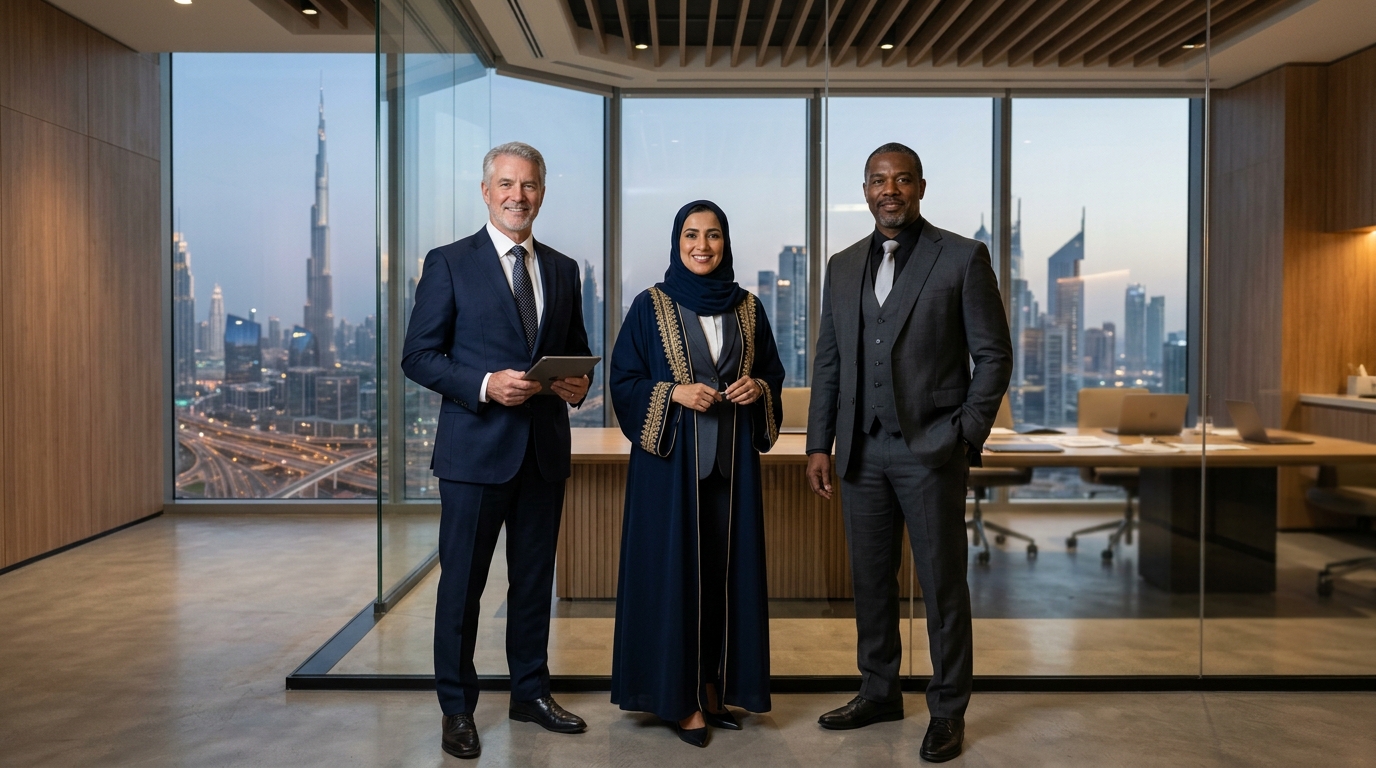 DAVIZ Solutions senior practice leadership squad in Dubai executive boardroom overlooking the Burj Khalifa and Business Bay