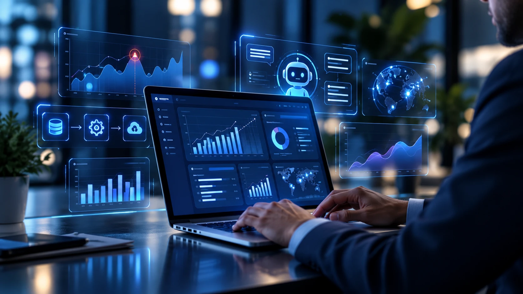 AI-Powered Business Intelligence and holographic analytics interface