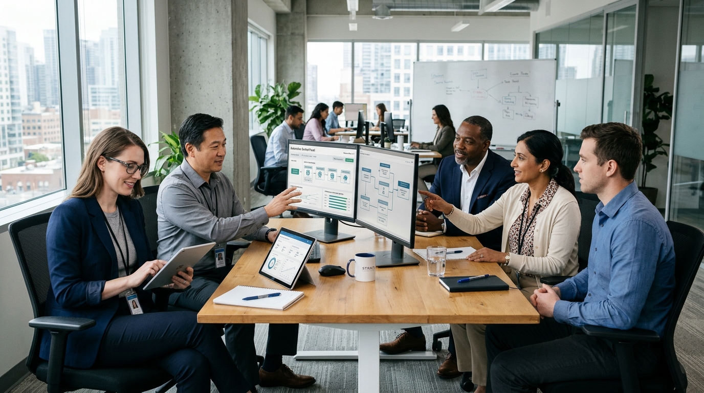 Enterprise business operations managers and automation specialists collaborating on workflow systems in modern office