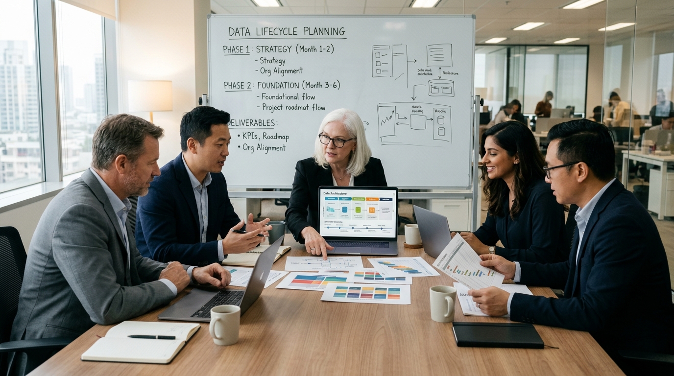 Senior enterprise data consultants leading a collaborative strategy and lifecycle planning workshop